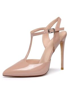 Mettesally Women's T-Strap Stiletto Heels Heeled Sandals Pointed Toe Pumps Party Daily Summer Dress Shoes