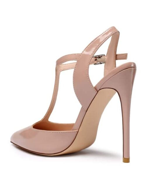 Mettesally Women's T-Strap Stiletto Heels Heeled Sandals Pointed Toe Pumps Party Daily Summer Dress Shoes