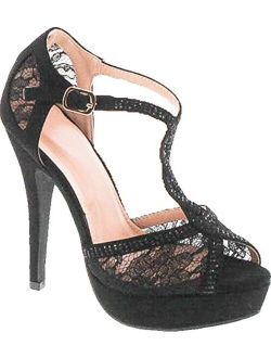 Static Footwear Hy-5 Formal Evening Party Lace Ankle T-Strap Peep Toe Stiletto High Heel Pumps