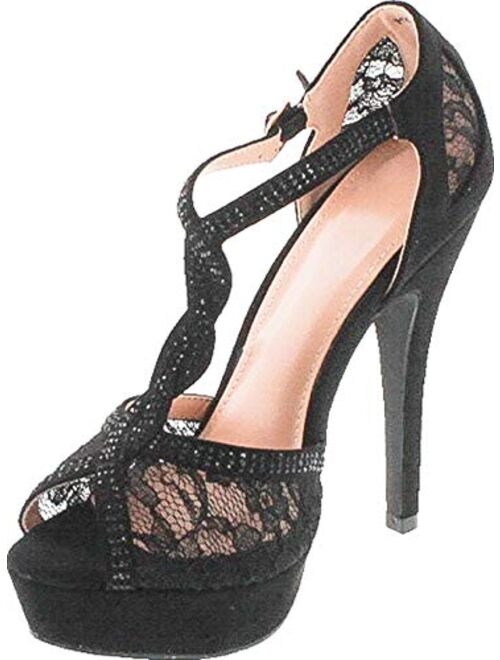 Static Footwear Hy-5 Formal Evening Party Lace Ankle T-Strap Peep Toe Stiletto High Heel Pumps