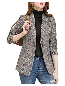 ebossy Women's Notch Lapel 2 Button Boyfriend Blazer Suit Houndstooth Plaid Jacket Coat