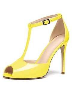 Eldof Womens Peep Toe T-Strap High Heel Pumps Ankle Buckle 4 Inch Stiletto Sandals Casual Office Ladies Shoes