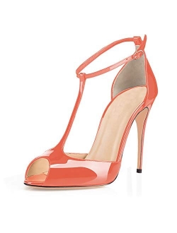 Eldof Womens High Heel Sandals| Peep Toe T-Strap 10cm Pumps | Ankle Buckle Wedding Dress Shoes