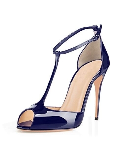 Eldof Womens High Heel Sandals| Peep Toe T-Strap 10cm Pumps | Ankle Buckle Wedding Dress Shoes
