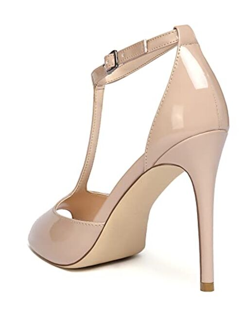 Eldof Womens High Heel Sandals| Peep Toe T-Strap 10cm Pumps | Ankle Buckle Wedding Dress Shoes