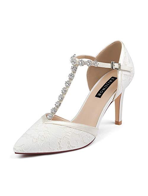 ERIJUNOR Women Lace Bridal Shoes Mid Heel with Rhinestones T-Strap Pointy Toe Satin Wedding Shoes