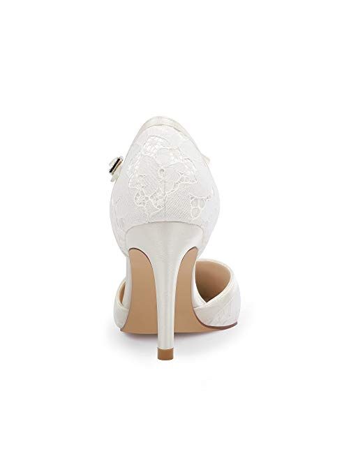 ERIJUNOR Women Lace Bridal Shoes Mid Heel with Rhinestones T-Strap Pointy Toe Satin Wedding Shoes