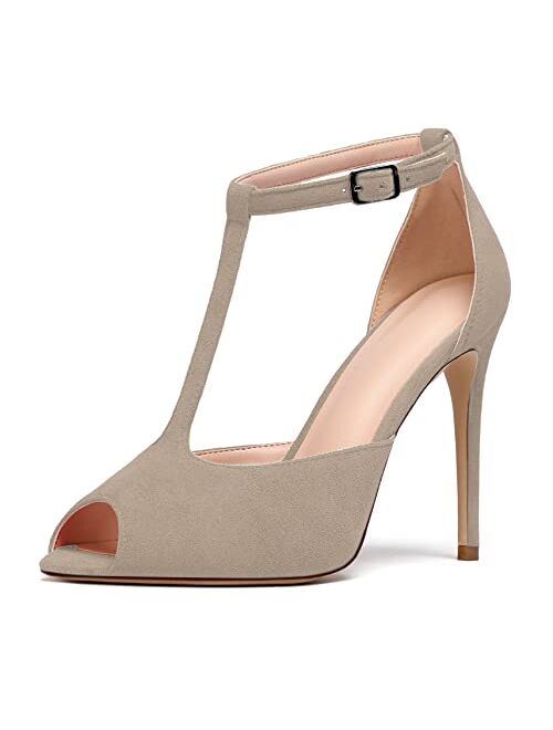 Mettesally Women's T-Strap High Heels Peep Toe Stiletto Heel Sexy Sandals Wedding Party Prom Dress Shoes