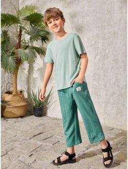 Boys 1pc Solid Tee & 1pc Letter Patched Detail Pants