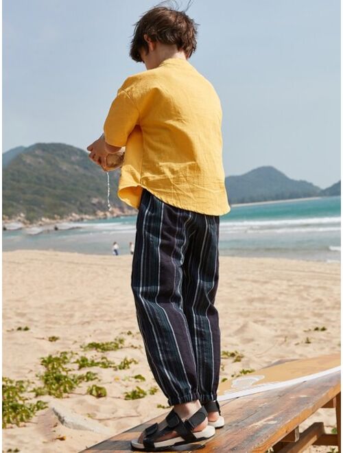 Shein Boys Cartoon & Letter Embroidery Half Button Drop Shoulder Top & Striped Pants