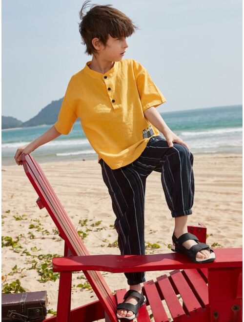 Shein Boys Cartoon & Letter Embroidery Half Button Drop Shoulder Top & Striped Pants