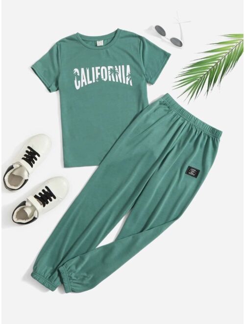 SHEIN Boys Letter Graphic Tee & Patched Detail Sweatpants