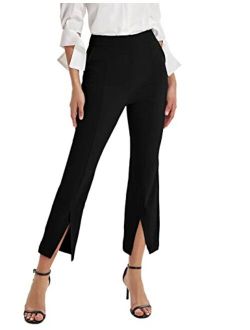 Women's Split Front Dress Pants Business Casual Work Crop Pants High Waisted Trousers with Pockets
