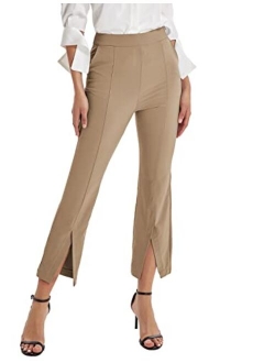 Women's Split Front Dress Pants Business Casual Work Crop Pants High Waisted Trousers with Pockets