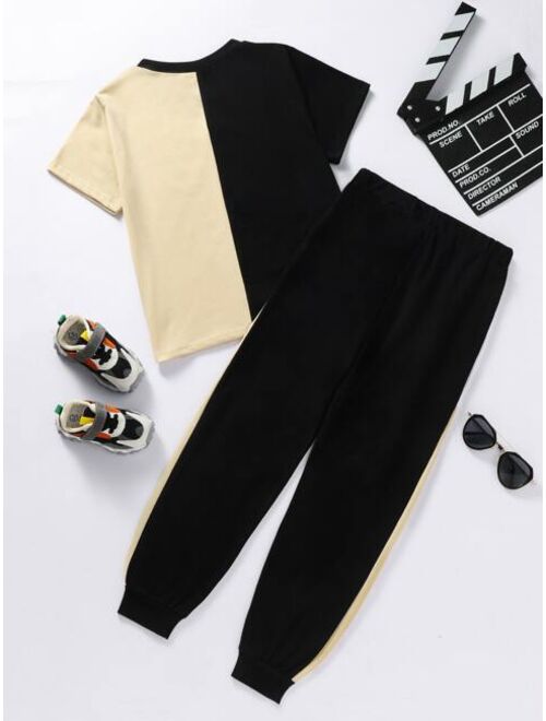 Shein Boys Letter Graphic Colorblock Tee & Sweatpants