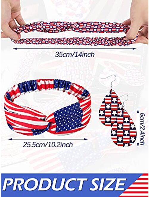 Otuuz 4 Pieces American Flag Patriotic Accessories for Women USA Flag Sport Headbands Sweat Bands Non Slip Thin Lightweight Breatheable Head Band, 4 Pairs Leather Earring