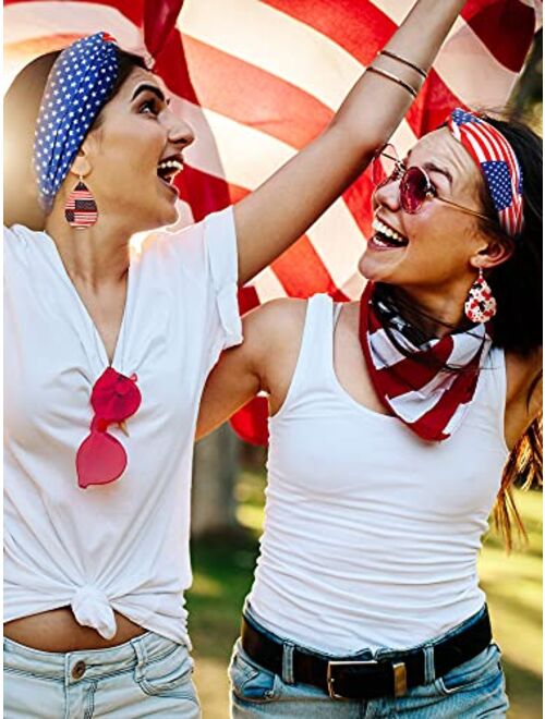 Otuuz 4 Pieces American Flag Patriotic Accessories for Women USA Flag Sport Headbands Sweat Bands Non Slip Thin Lightweight Breatheable Head Band, 4 Pairs Leather Earring
