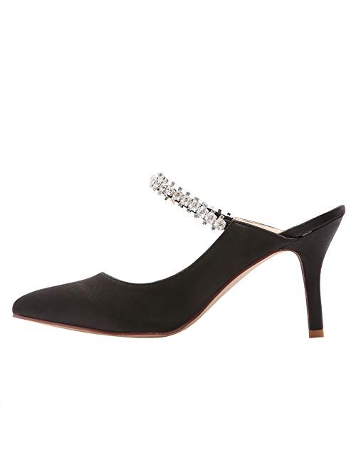 ElegantPark HC1919 Heels for Women Pointed Toe Mules Shoes High Heel Pumps Rhinestones Satin Wedding Evening Dress Shoes