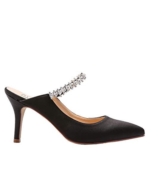 ElegantPark HC1919 Heels for Women Pointed Toe Mules Shoes High Heel Pumps Rhinestones Satin Wedding Evening Dress Shoes
