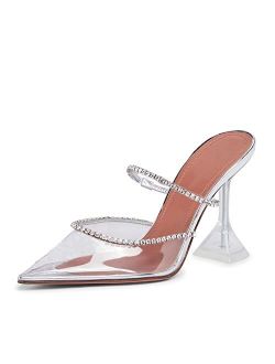 Arqa Mules Heels for Women Rhinestone Strappy Sandals Slingback Pointed Toe Stiletto Wedding Pumps
