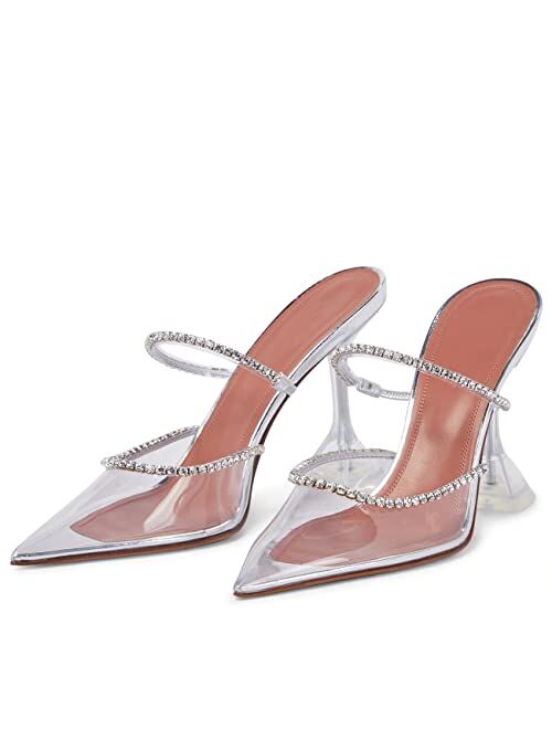 Arqa Mules Heels for Women Rhinestone Strappy Sandals Slingback Pointed Toe Stiletto Wedding Pumps