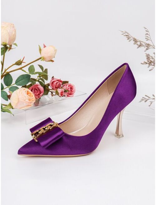 Shein Chain & Bow Decor Point Toe Heeled Court Pumps
