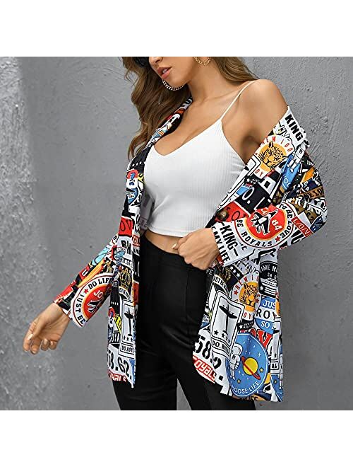 Shopessa Blazer for Women Fashion 2021 Casual Abstract Print Open Front Suit Jacket Long Sleeve Y2K Lapel Coat