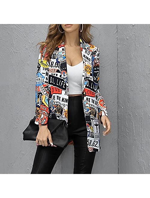Shopessa Blazer for Women Fashion 2021 Casual Abstract Print Open Front Suit Jacket Long Sleeve Y2K Lapel Coat