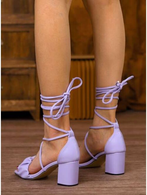 Shein Ruched Detail Tie Leg Design Chunky Heeled Sandals