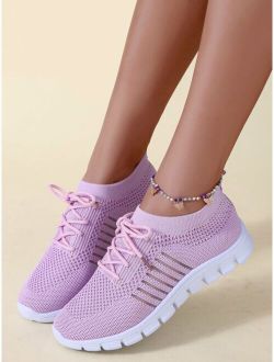 Striped Pattern Knit Detail Slip On Running Shoes