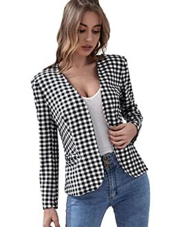 Women's Gingham Plaid Open Front Blazer Suit Jacket Outerwear with Pockets