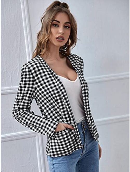 Milumia Women's Gingham Plaid Open Front Blazer Suit Jacket Outerwear with Pockets
