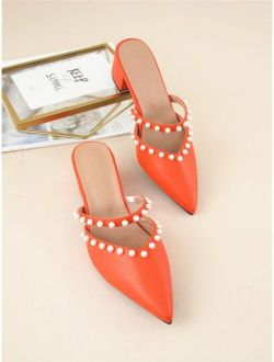 Faux Pearl Decor Point Toe Chunky Heeled Mules