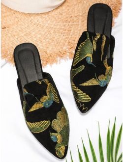 Bird Embroidered Flat Mules