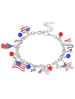 Lux Accessories Silver America Americana 4th of July American Pride Flag Map Red Blue Stars USA Chain Bracelet