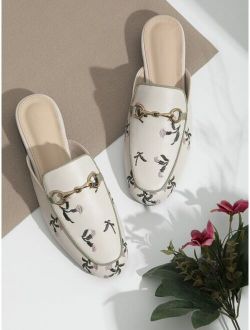 Floral Embroidery Metal Decor Flat Mules
