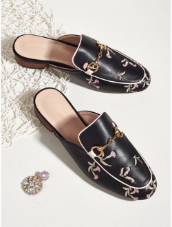 Floral Embroidery Metal Decor Flat Mules