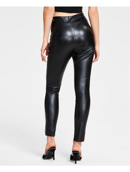 Bar III Faux-Leather Slit-Hem Pants, Created for Macy's