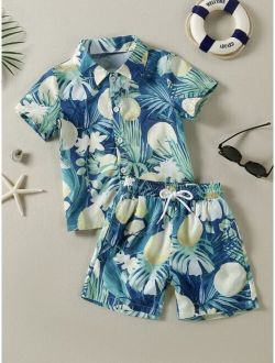 Toddler Boys Lemon Print Button Front Beach Swimsuit