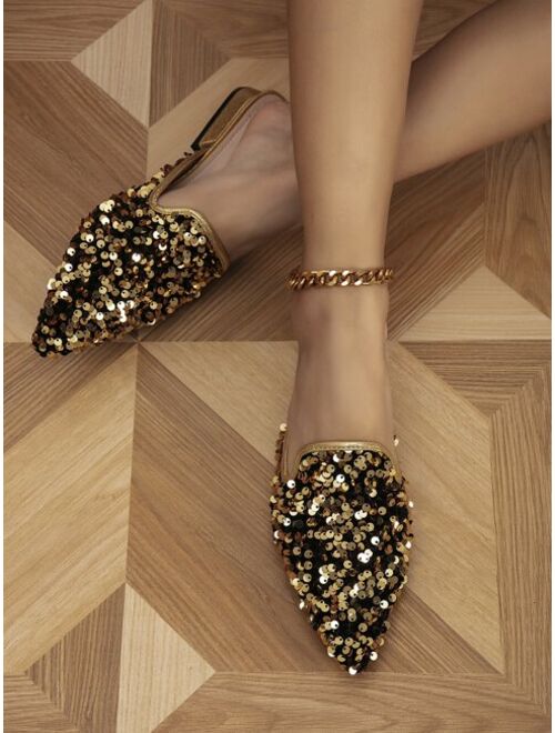 Shein Sequin Decor Point Toe Flat Mules