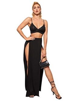 Women's Two Piece Sexy Bralette Top and High Split Front Maxi Skirt Set