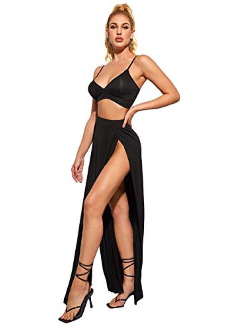 SheIn Women's Two Piece Sexy Bralette Top and High Split Front Maxi Skirt Set