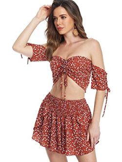 Wudodo Two Piece Outfits for Women Off Shoulder Floral Smocked Drawstrings Crop Top and Shorts Set Skirt Set