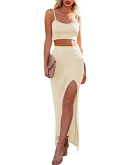Cutiefox Women's Knit 2 Piece Dress Cami Crop Top High Side Slit Bodycon Long Skirt Set