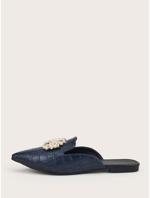 Shein Faux Pearl Decor Croc Embossed Flat Mules