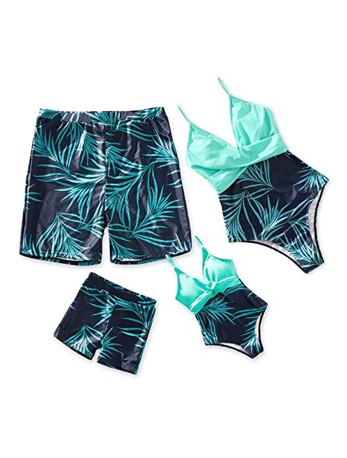 IFFEI Mommy and Me Swimsuits One Piece All Over Plants Print Blue Girls Swimsuits Family Matching Swimwear