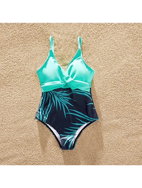IFFEI Mommy and Me Swimsuits One Piece All Over Plants Print Blue Girls Swimsuits Family Matching Swimwear
