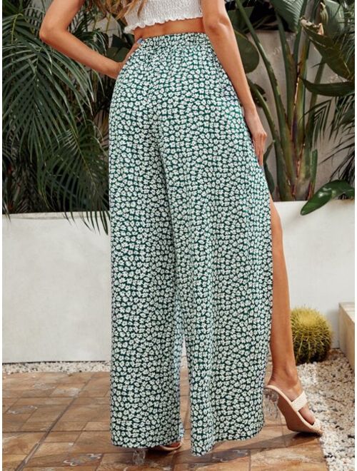 SHEIN Ditsy Floral Tassel Knot Front Wrap Split Palazzo Pants