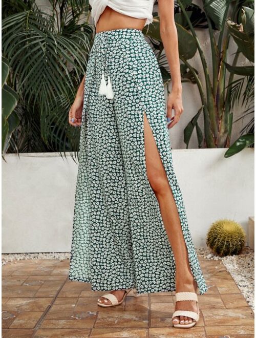 SHEIN Ditsy Floral Tassel Knot Front Wrap Split Palazzo Pants