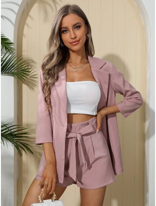 Shein Lapel Neck Solid Blazer & Belted Shorts Without Bandeau